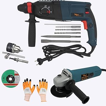 Hillgrove HGCM1365M1 1200W 100% Copper Winding 26mm Rotary Hammer Impact Gun Chipping Hammering Drilling Breaker Drill Machine Kit Set with Angle Grinder