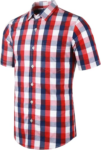 Mens Button Down Short Sleeve Shirts Plaid Casual Soft Dress Regular Fit Shirt with Pocket