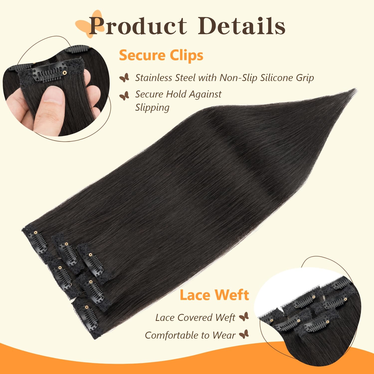 tesshair Clip in Hair Extensions Real Human Hair Remy Single Clip Double Weft 6 Pcs Seamless Highlight Straight Human Hair Clip in Extensions for Women #1B Natural Black - Image 3