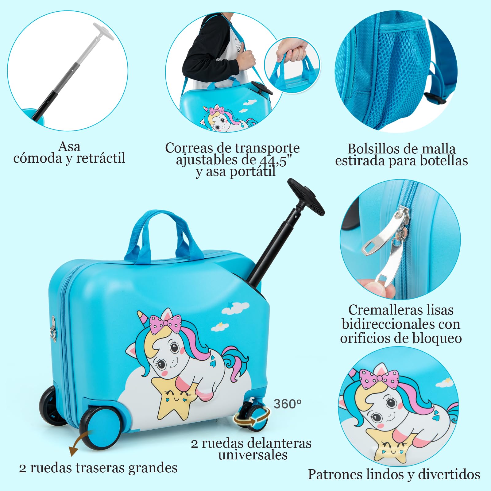 SOARS Juego de Maletas de Viaje Cabina para Niños, Trolley con Ruedas Correpasillo 40L, 18" Maleta con Ruedas + 12" Mochila Infantil con Asa y Correas Ajustables, Multifuncional (Unicornio Azul)