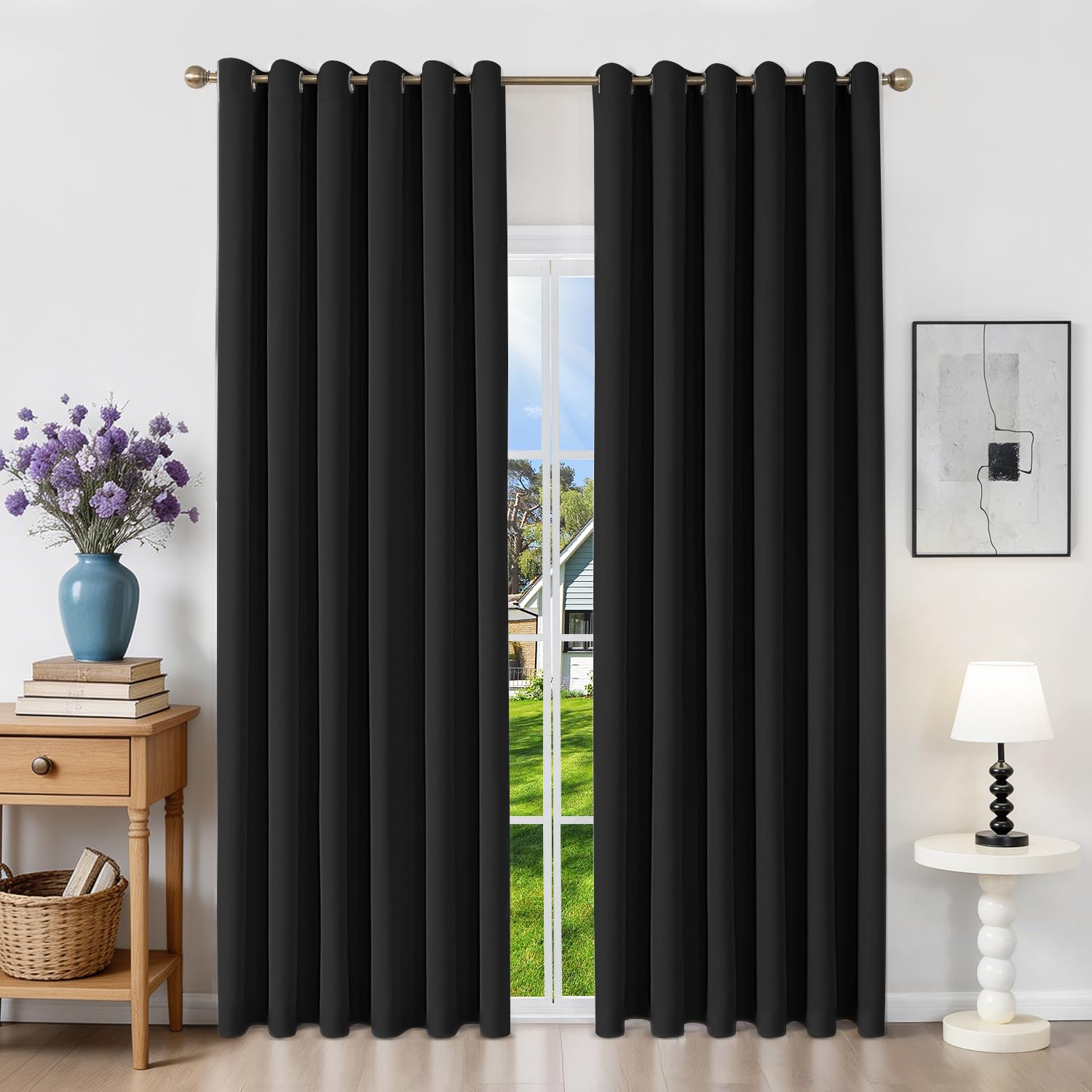 Runyéla Blackout Curtains for Bedroom Eyelet 90 x 108 Inch Drop Thermal Black Out Curtain for Living Room, 2 Panels, Black