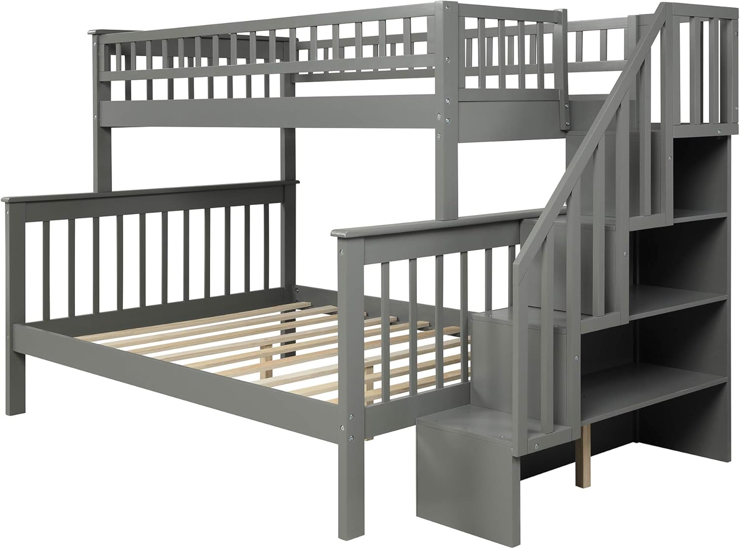 P PURLOVE Twin Over Full Bunk Bed with Storage Stairs,Wood Stairway Bunk Beds with Staircase can be Divided into 2 Platform Beds,Gray