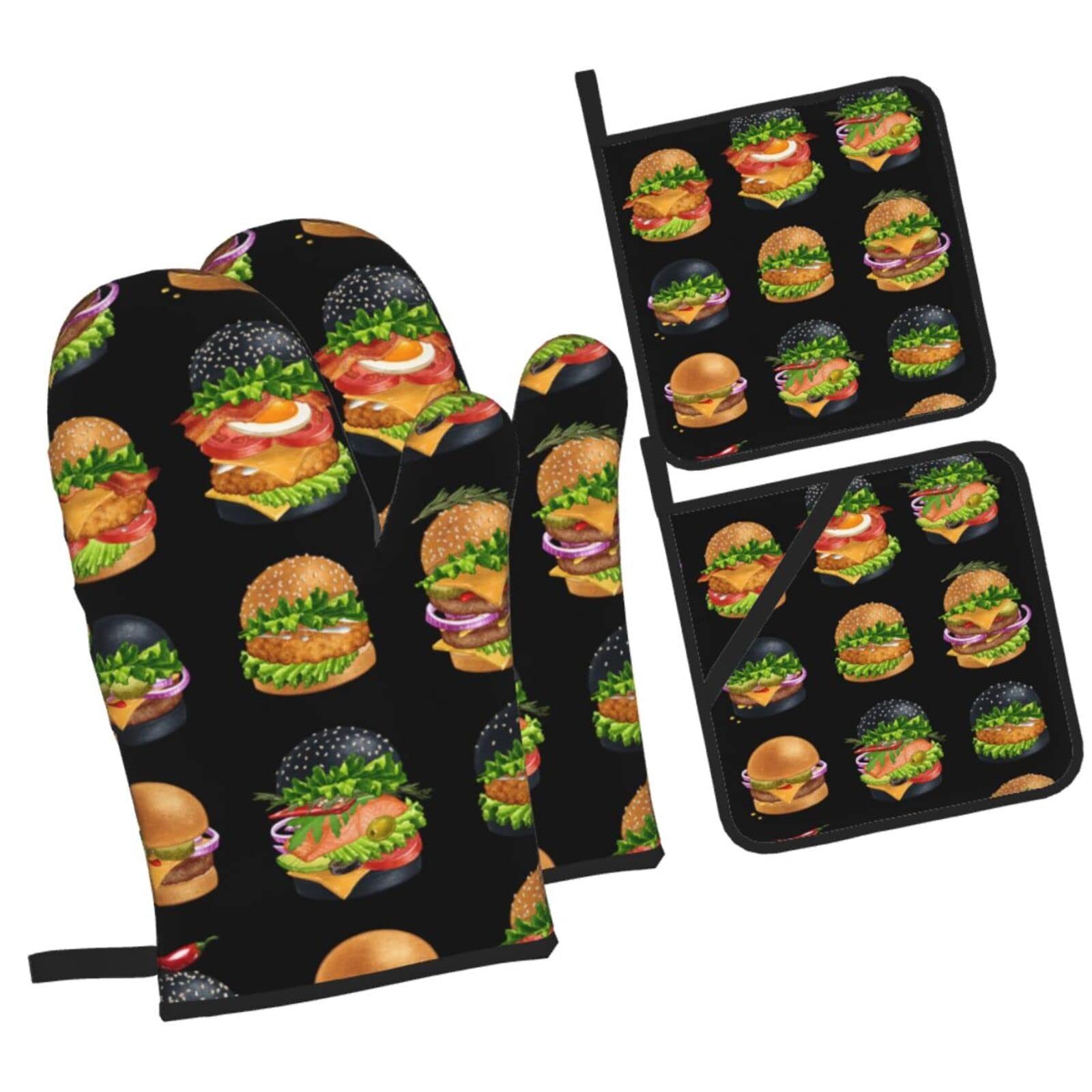 American Burger Illustration Black Oven Mitts and Pot Holders Sets, Christmas Oven Mitt Kitchen Heat Resistant Non-Slip Pot Holders Set for Cooking Baking BBQ