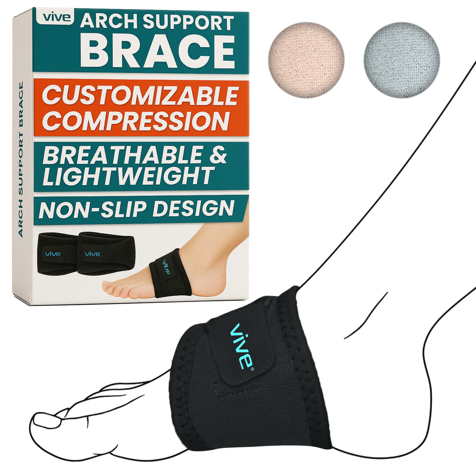 Vive Arch Support Brace Plantar Fasciitis Gel Strap For Orthotic Compression Support Wrap Aids Foot Pain High Arches Flat Feet Heel Fatigue Insert For Under Socks And Shoes One Size Black