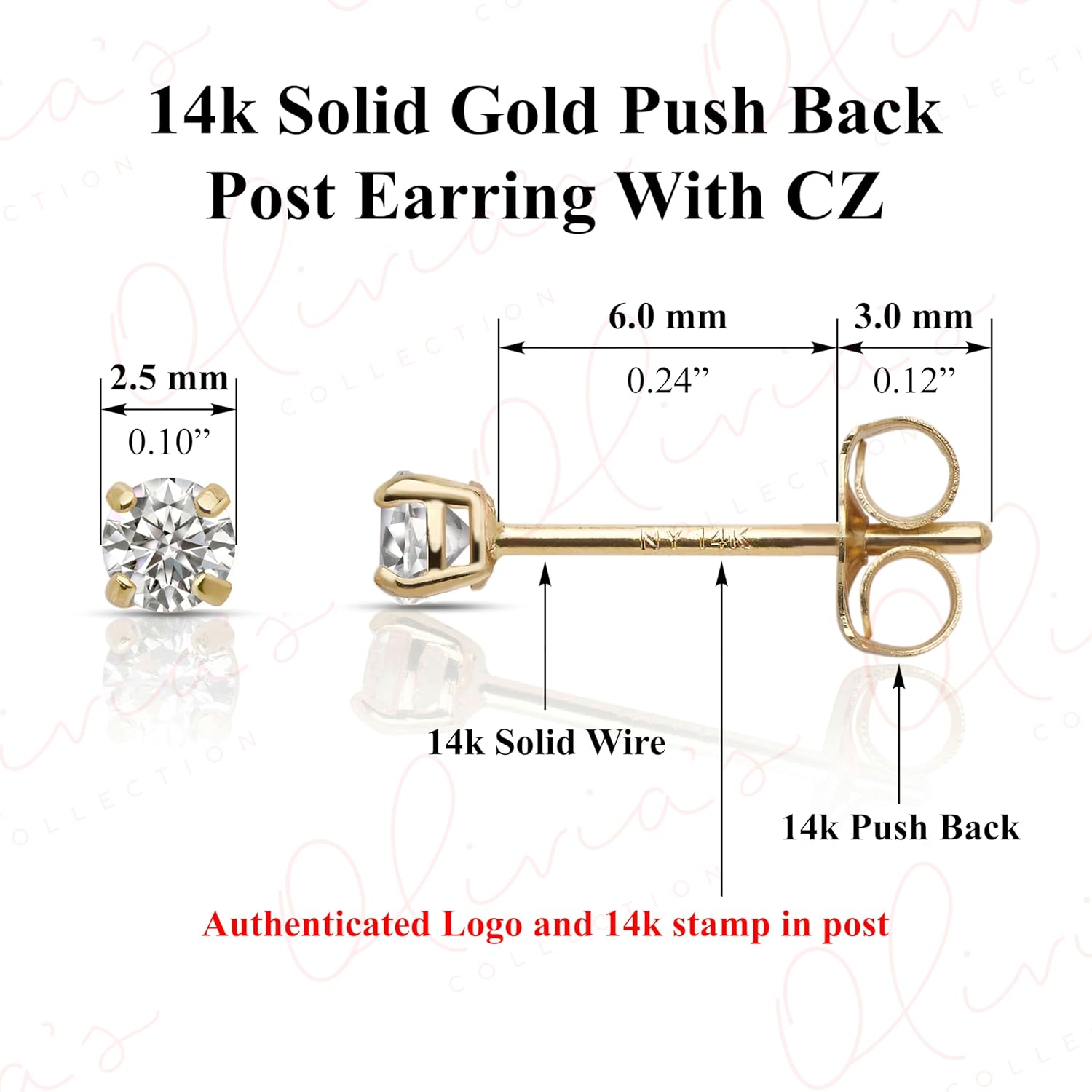 Olivia's Collection 14k White or Yellow Gold 14k White Gold Solitaire Round Cubic Zirconia Stud Earrings with Secure Screw-Backs. Piercing to the Lobe, Upper-Lobe, and further for a Woman, Man, and Teen