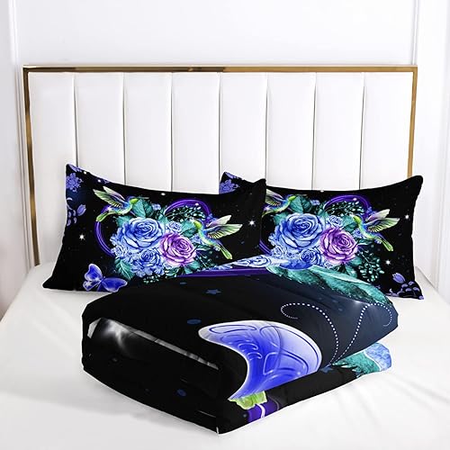 Miniatura 5 de AILONEN Juego de edredón con estampado de rosas azules y pintura al óleo 3D, hermoso juego de ropa de cama con estampado de rosas 3D para niñas,