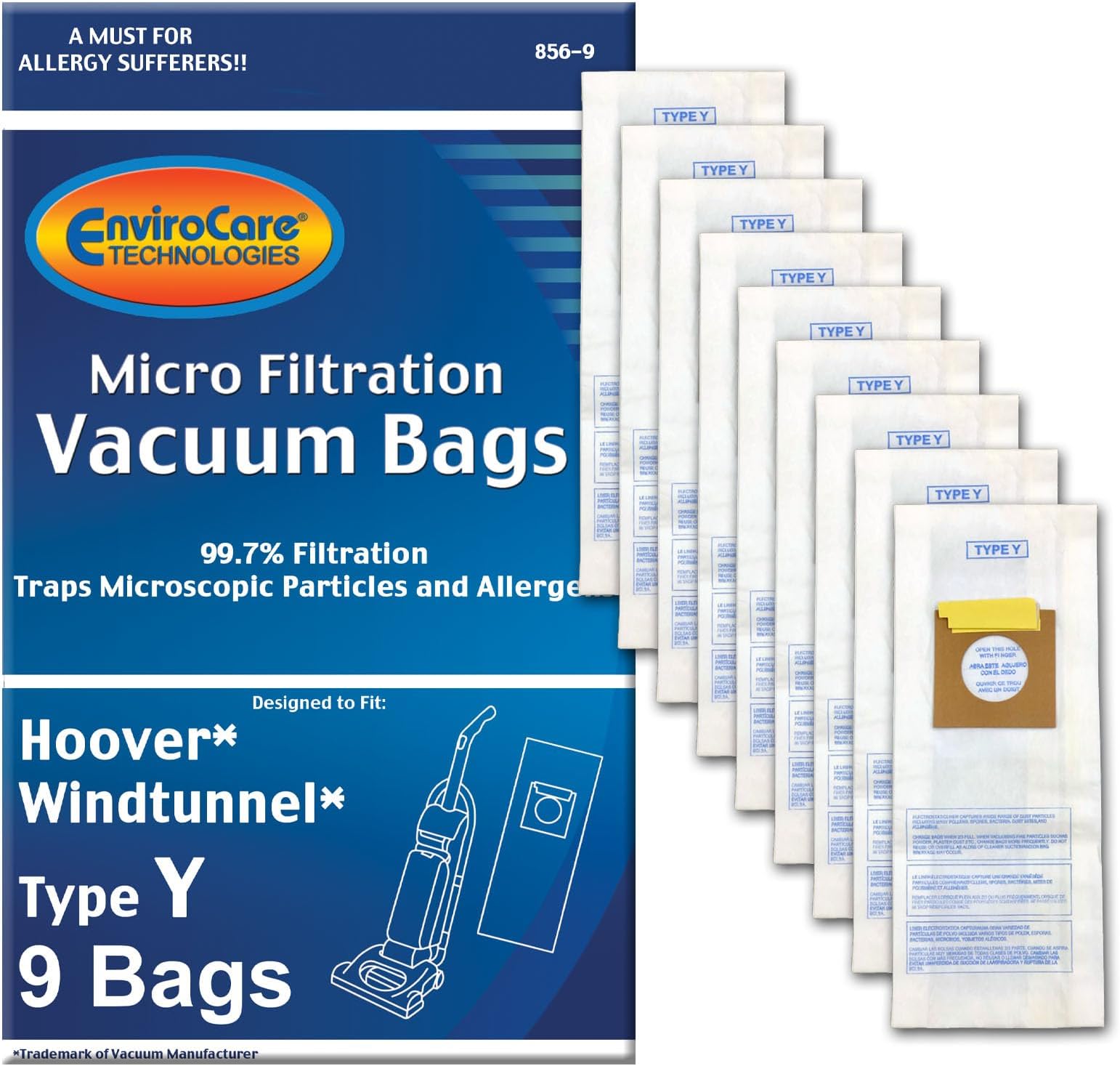 EnviroCare 859-9 Type Y Vacuum Bag Replacement for Hoover WindTunnel Uprights and Hoover Vacuums, 9 Pack
