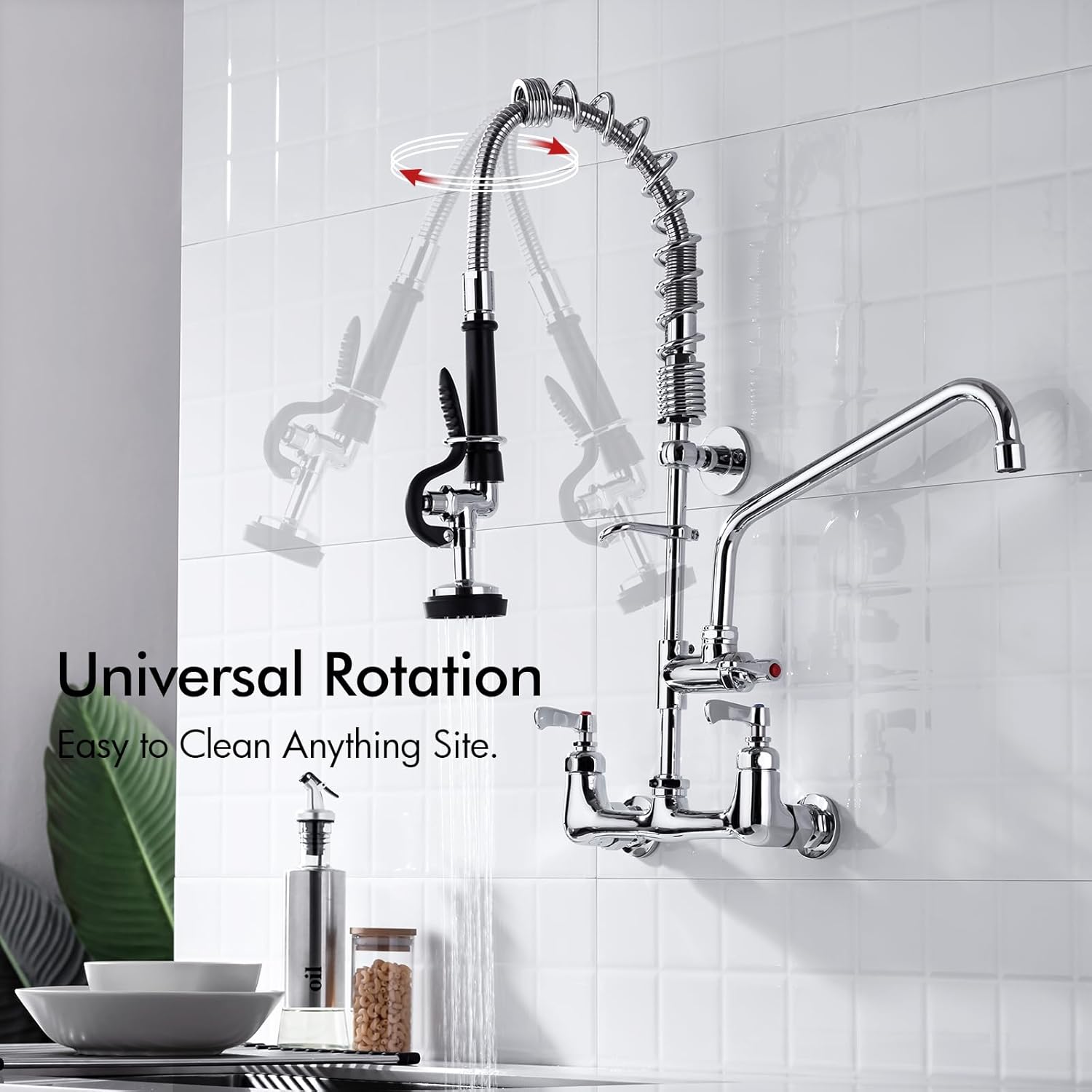 BAGNOLUX Commercial Sink Faucet, 8" Center Wall Mount Base with Pull Out Spray 9.6" Add-on Swing Spout 25" Height, Double Handle Pre Rinse Sprayer Commercial Rv Kitchen Faucet with Ceramic Valve - Image 6