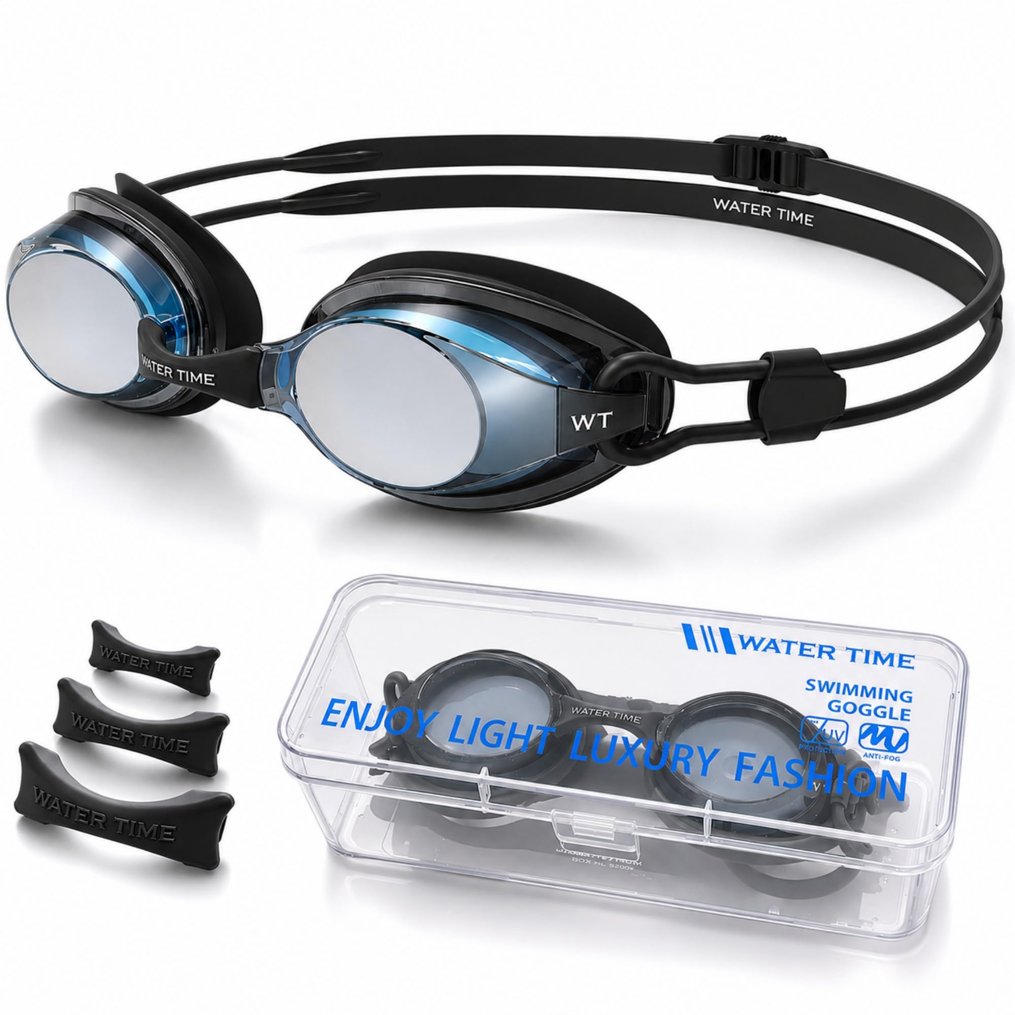 WATER TIME Racing Goggles – Long‑Lasting Anti‑Fog, Narrow‑Profile Frame, REVO Mirror, Secure Fit for Competitive Swimmers, Blue