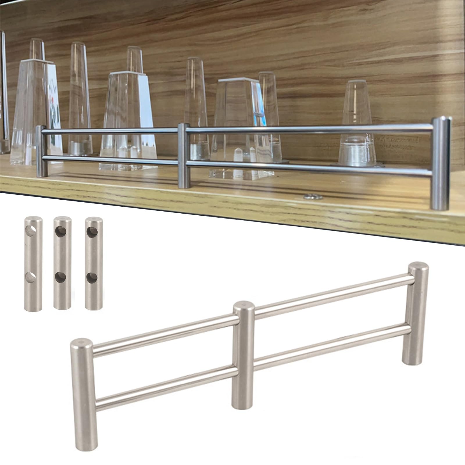 Zaqycm Silver Anti Fall Metal Office Shelf Rail Fence With 3 Spindles, Stainless Steel Shelf Decorative Guardrail Set For Wood Shelves/Cabinet For Bottles, Books Or Spices(,Long 52In/132Cm)