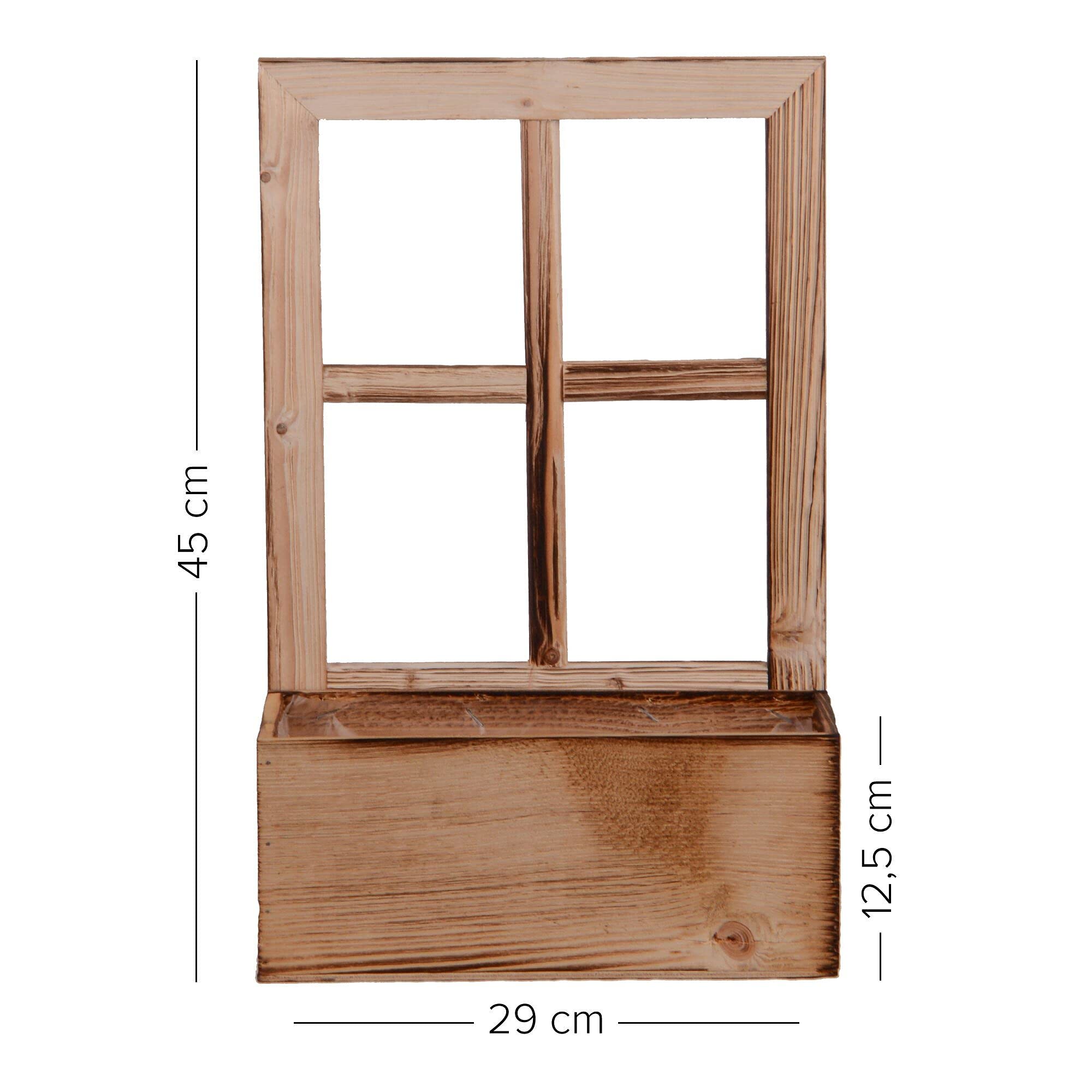 UNUS Ventana de madera con banco de plantas, decoración de madera envejecida flameada, 2 unidades