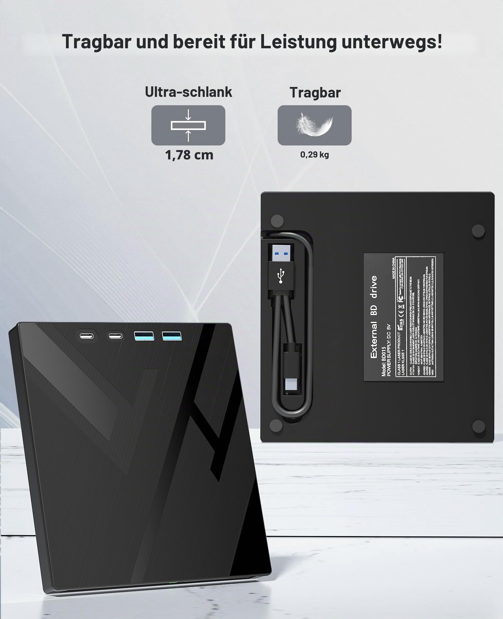 7-in-1 Externes Blu-ray-Laufwerk, USB 3.0 Typ-C Optischer externer Bluray/DVD-Laufwerk Brenner mit SD/TF-Anschluss, unterstützt 100G Disc R/W für PC, kompatibel mit Windows XP/7/8/10/11, Mac, Laptop,