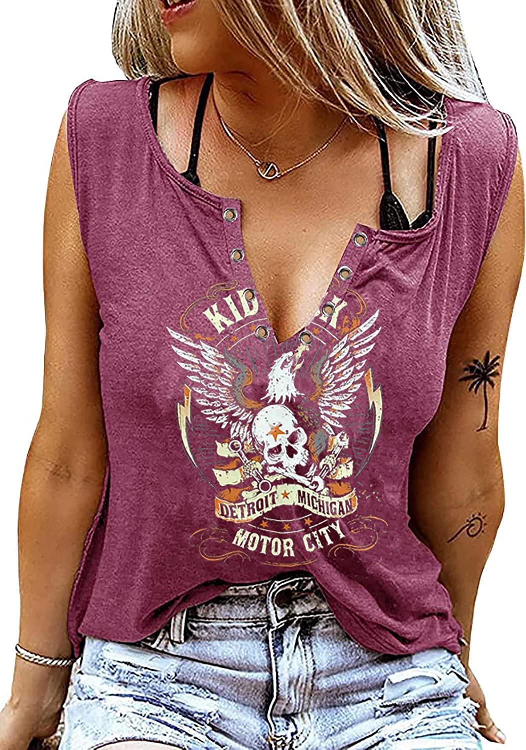SxkayxrKid Rock Skeleton Eagle Tank Top for Women Vintage Retro Rock Roll Music Shirts Sleeveless Graphic Tee Tank Tops