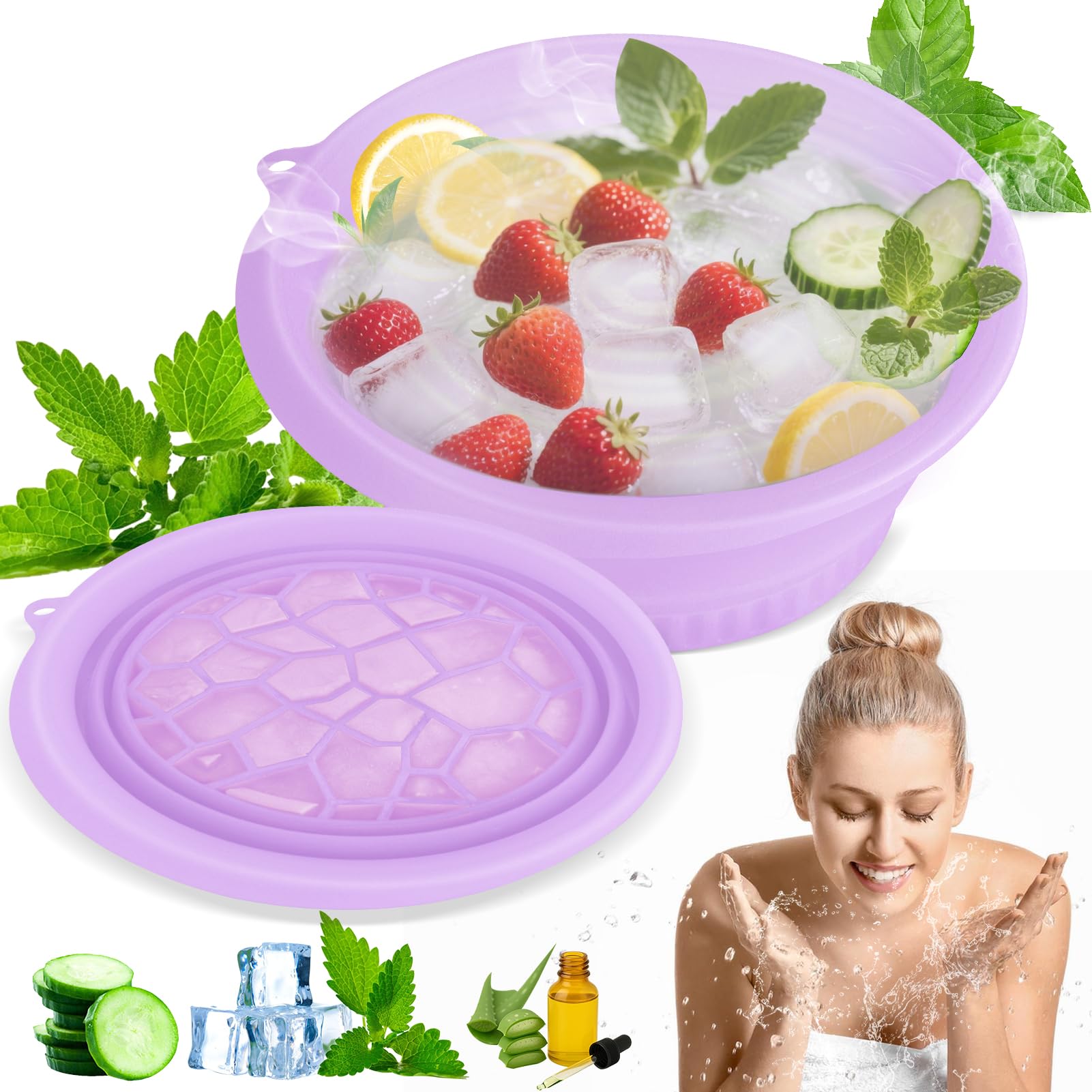 Face Bowl for Ice With Built-in Ice Tray Collapsible Silicone Facial Face Ice Bath Bowl Small Reusable Cold Plunge Basin is Portable,Perfect for Home Use,Camping,Travel Cold Bath Spa Tool & Purple