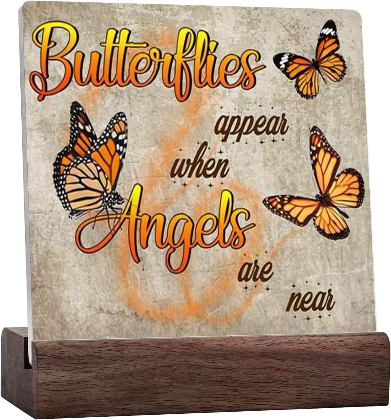 AimQurt Butterflies Appear When Angels Are Near Ceramic Table Plaque With Wooden Stand Motto Desk Decorations Office Decor Inspiration Positive Unique