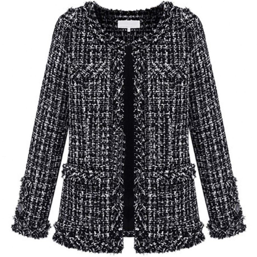 Womens Collarless Plaid Tweed Blazer Elegant Open Front Fringed Casual Business Glitter Jacket