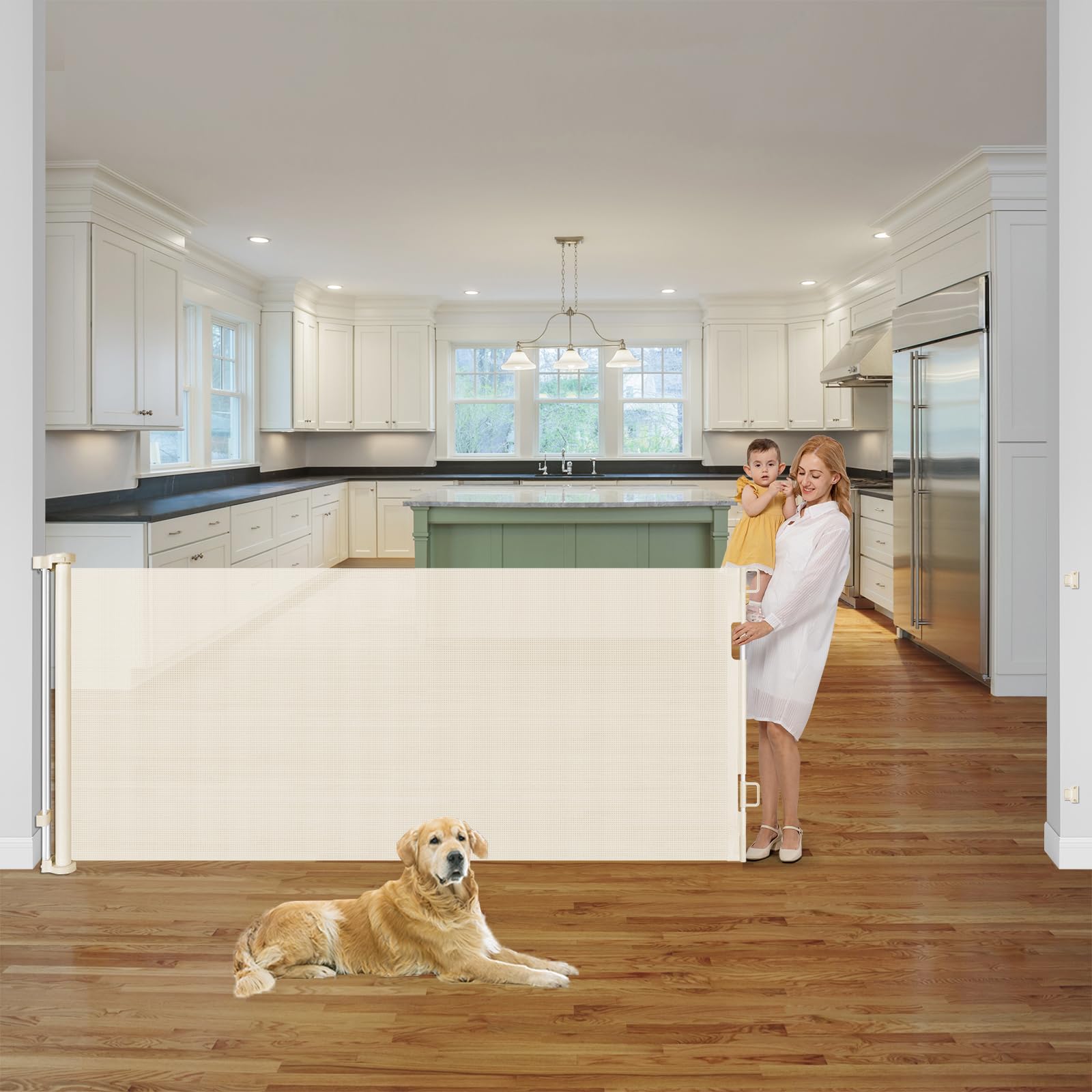 42 Inch Tall Retractable Baby Gates for Doorways, 76" Long Dog Gate for Stairs, Retractable Gate Indoor Safety Gates Outdoor Tall Retractable Dog Gate, Large Baby Gate Retractable Mesh Gate, Beige