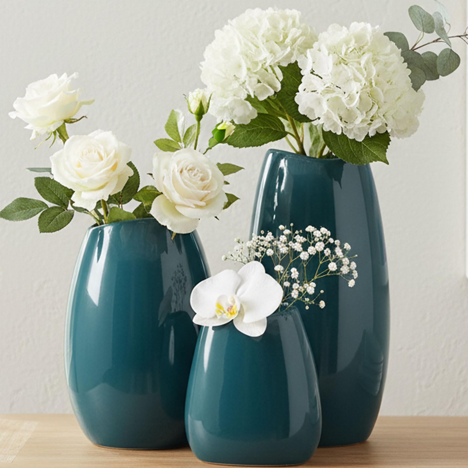 Amazon.com: hjn Ceramic Vase Set of 3 Teal Flower Vase for Home