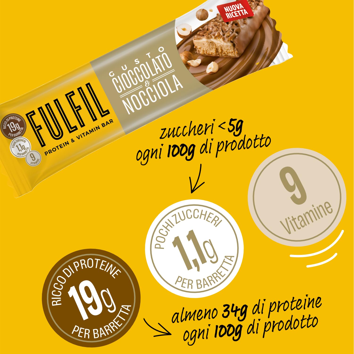 FULFIL - 15 Barrette Proteiche da 55 Grammi, Gusto Cioccolato e Nocciola con 9 Vitamine e Pochi Zuccheri, Confezione da 825 Grammi