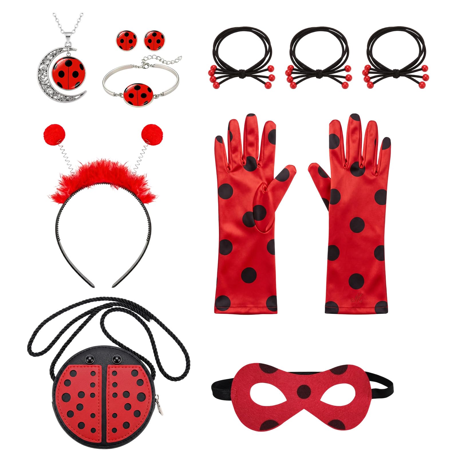 11 Pcs Ladybug Costume Kids, Lady Bug Accessories Set Mask Bag Hair Bands Gloves Necklace Earrings Bracelet Headband, Red Black Polka Dots Ladybird Costume Girls for Party Halloween Birthday Gift