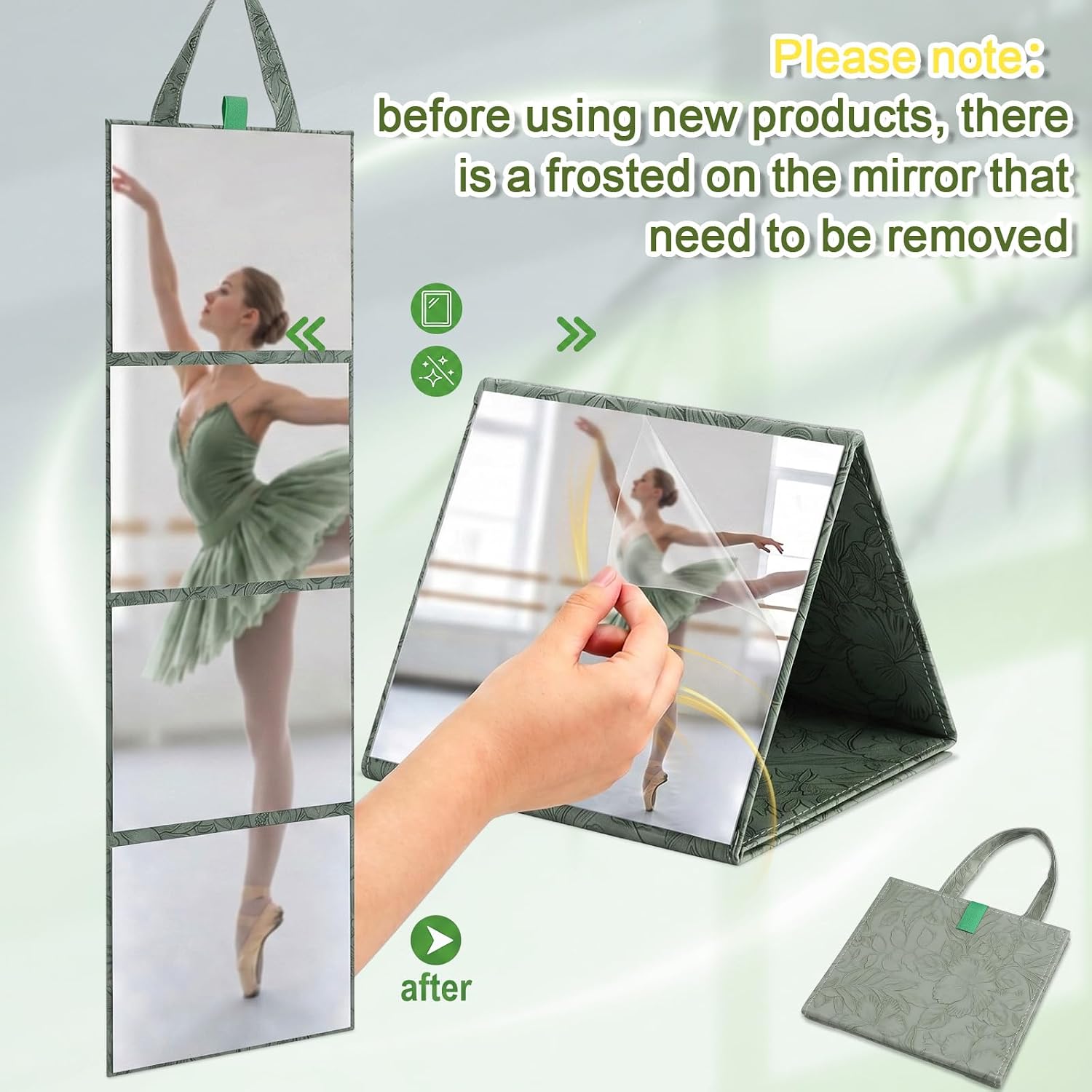 3 Way Foldable Full Length Mirror with Handle 31.89 x 11.22 Inches Leather Portable Camping Travel Hanging Folding Body Mirror for Makeup Dance Fitness Spa Hair Styling(Sage Green)