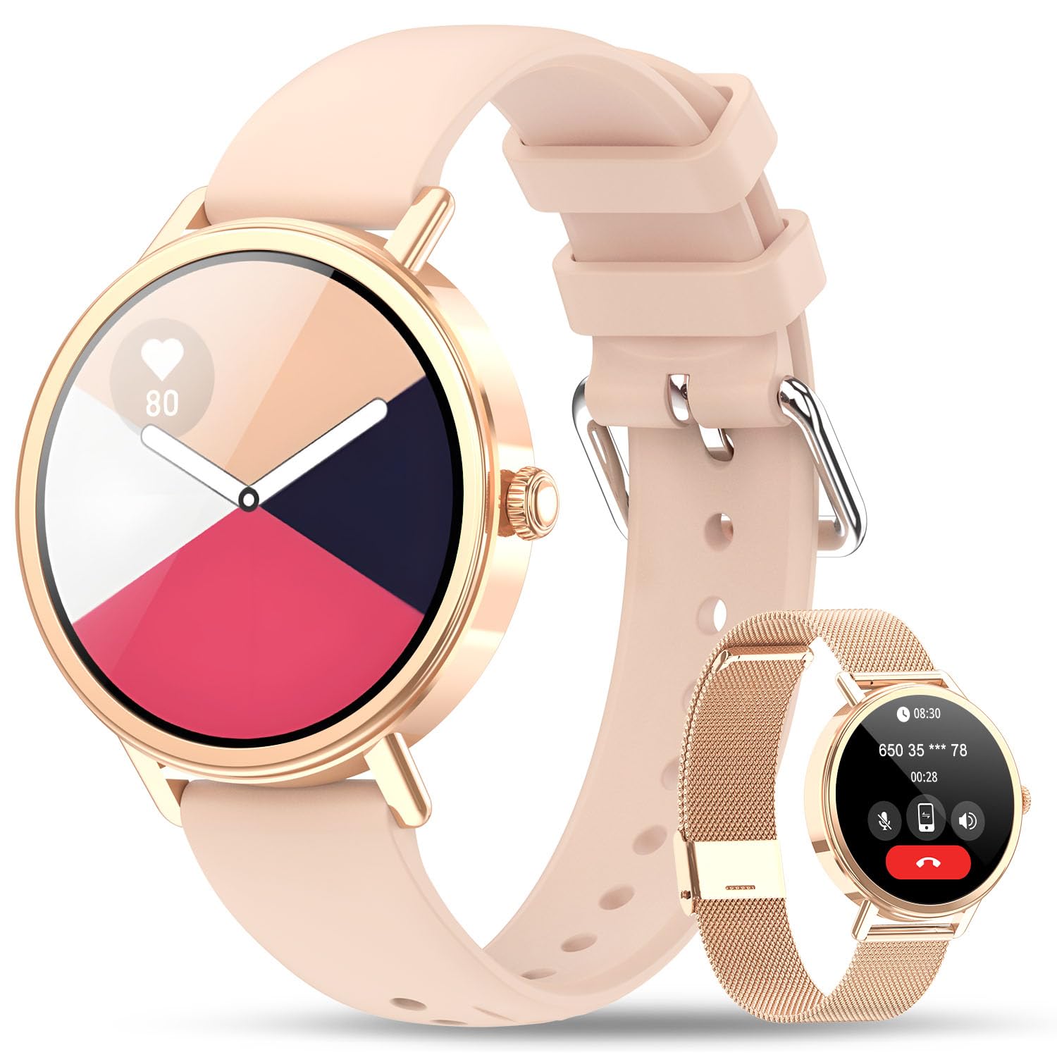 Smartwatch Donna, 1.26" Orologio Smartwatch Donna con Effettua/Risposta Chiamate, Notifiche, 100+ Modalità Sportive, Sonno, IP68 Impermeabile, 2 Cinturini, Smart Watch per iOS Android