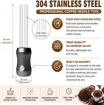 Magnetic Espresso Distribution Tool - Flick WDT Tool with 8x0.4mm Stainless Steel Needles & 3 Extra Replacements, Precision Espresso Distributor for Baristas (Black)