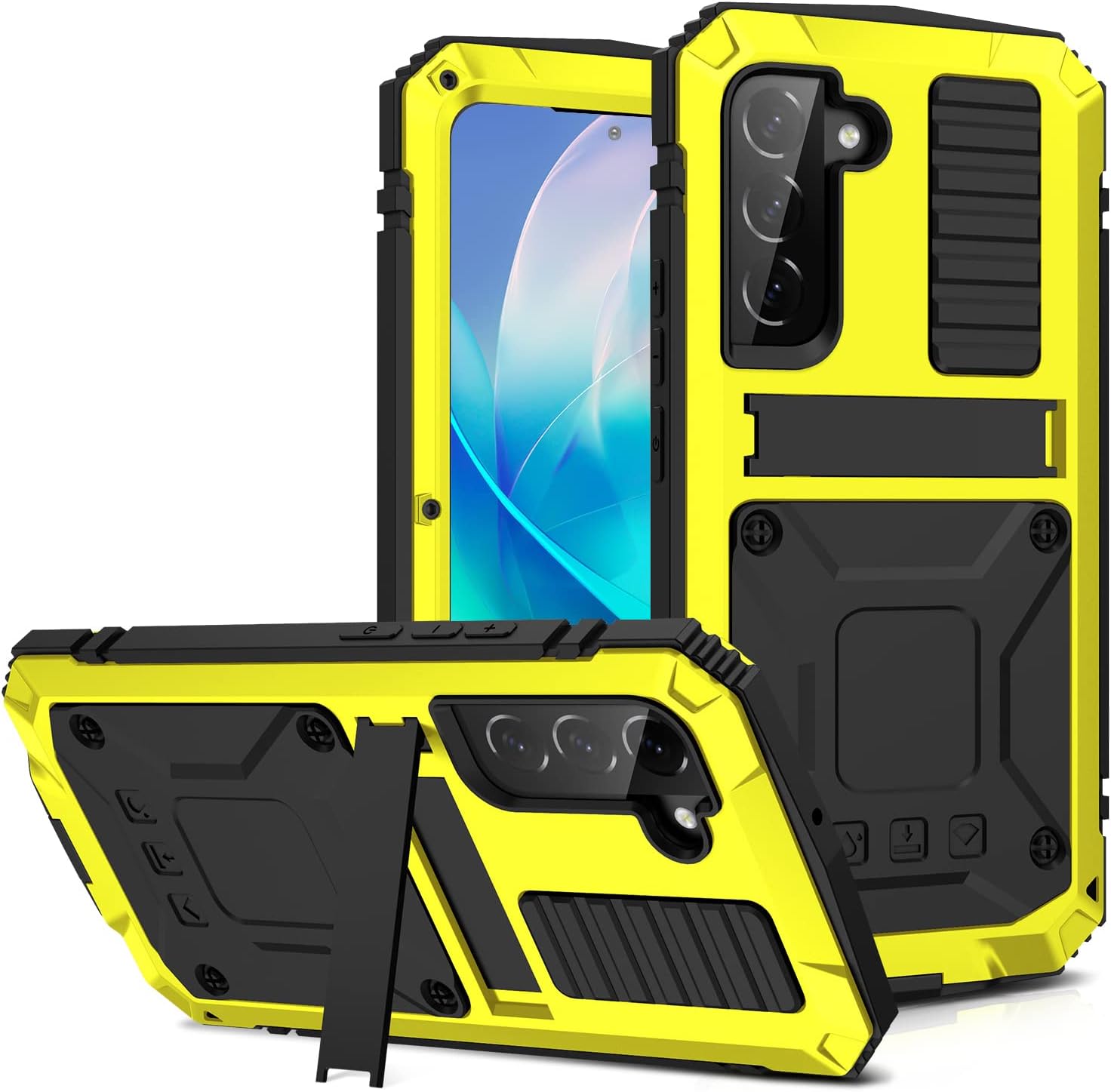 Metal Case for Samsung S23 Aluminum Military Grade Armor Rugged Case with Metal Stand Screen Protector Drop Tested Shockproof Full Cover case for Samsung S23 (Yellow)