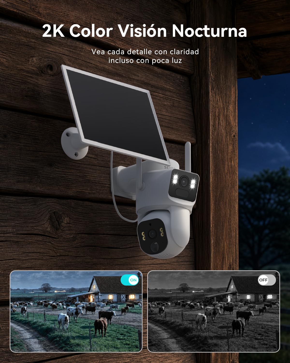 SEHMUA Cámara 4G Exterior Solar con Tarjeta Sim（Doble Lente） 2K+2K | Cámara de Vigilancia Inalámbrica con Detección Humana por IA, Alarma de Luz y Sonido, Visión Nocturna a Color, PTZ 360°, IP65