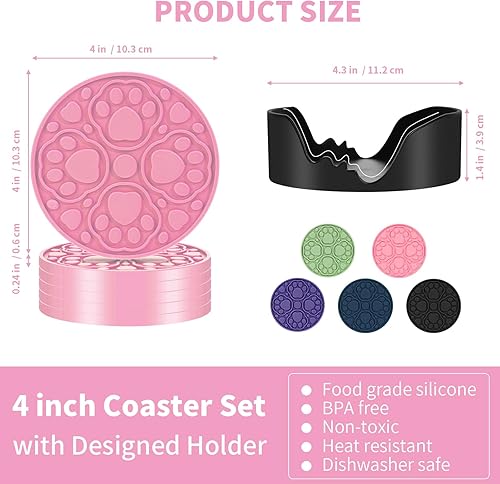 Miniatura 2 de Juego de 6 posavasos de silicona rosa con soporte, posavasos de 4 pulgadas para bar, bebidas, cerveza, café, tapete decorativo antideslizante para