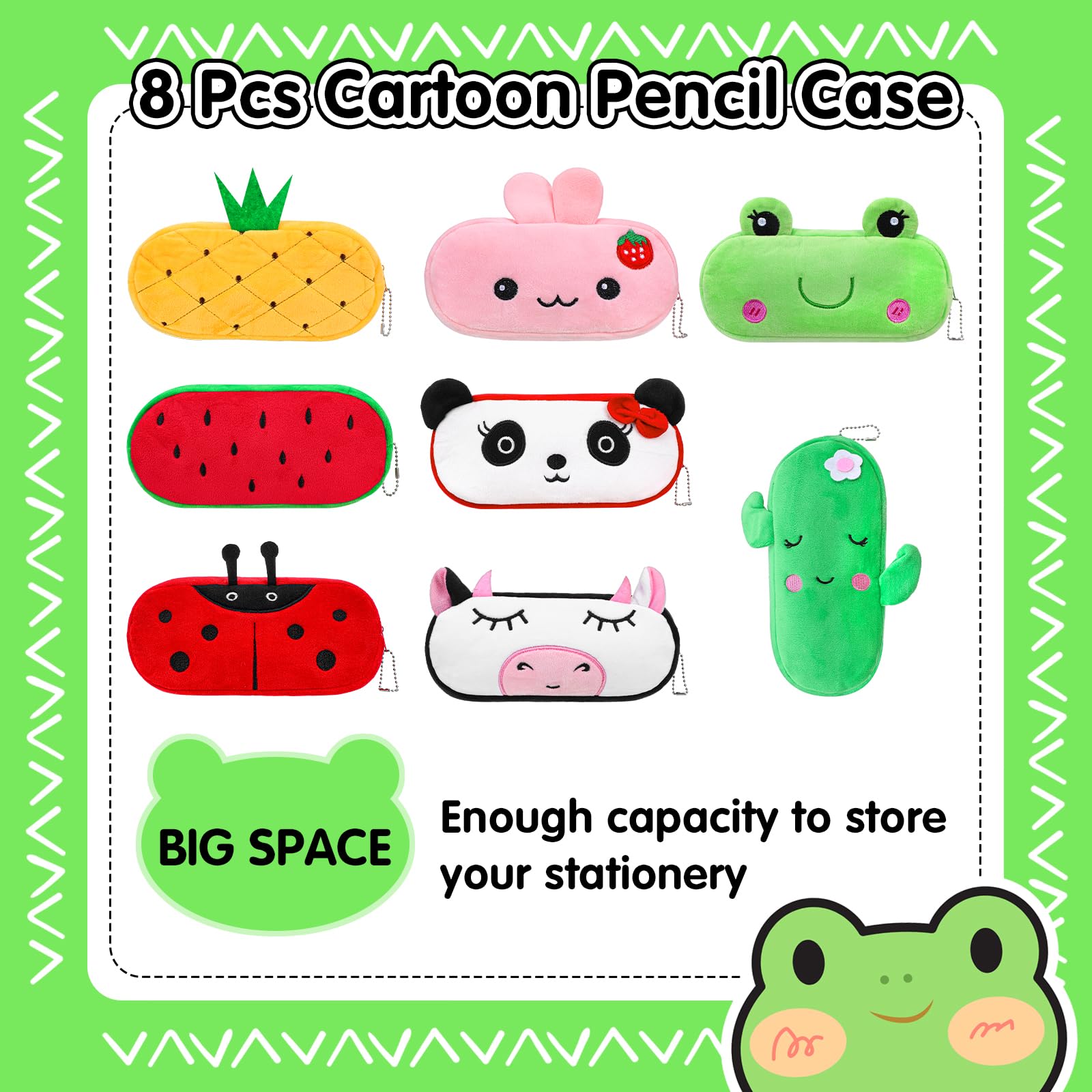 8 estuches para lápices de dibujos animados a granel, bonitos estuches con cremallera, cajas de lápices de animales y frutas, bolsa de lápices de felpa japonesa, bolsa de papelería kawaii