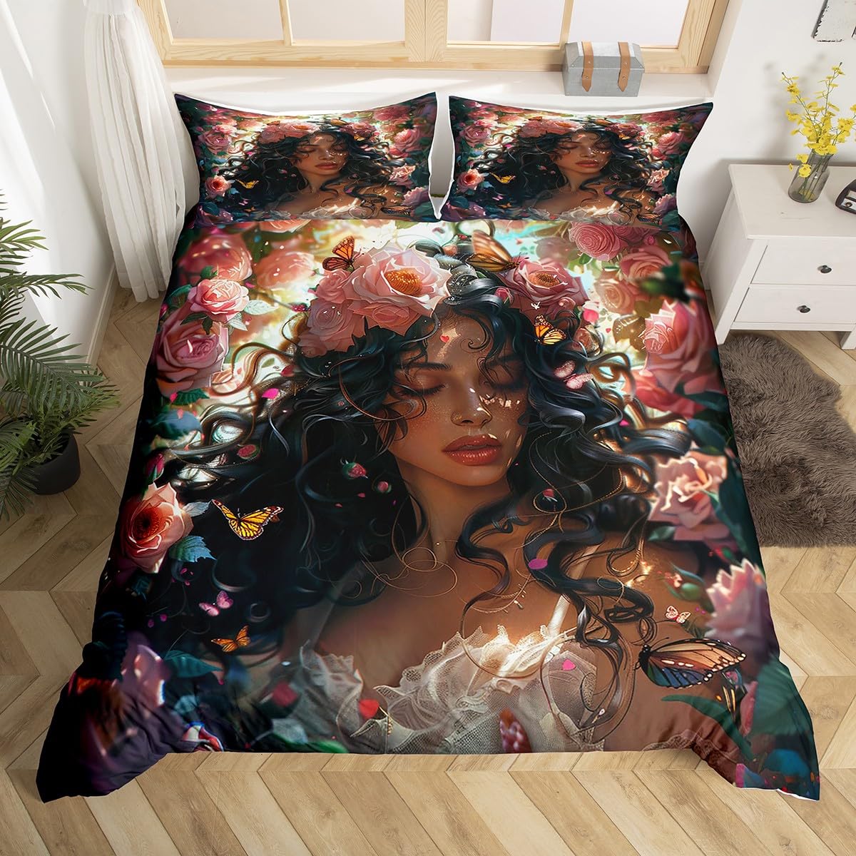 Afro-American Girls Duvet Cover Toddler Size Afro Girls Princess Themed Duvet Cover, Black Girls Comforter Cover American Black Girls Print Bedspread Cover Pink Floral Butterfly Bedding for Kids Teen