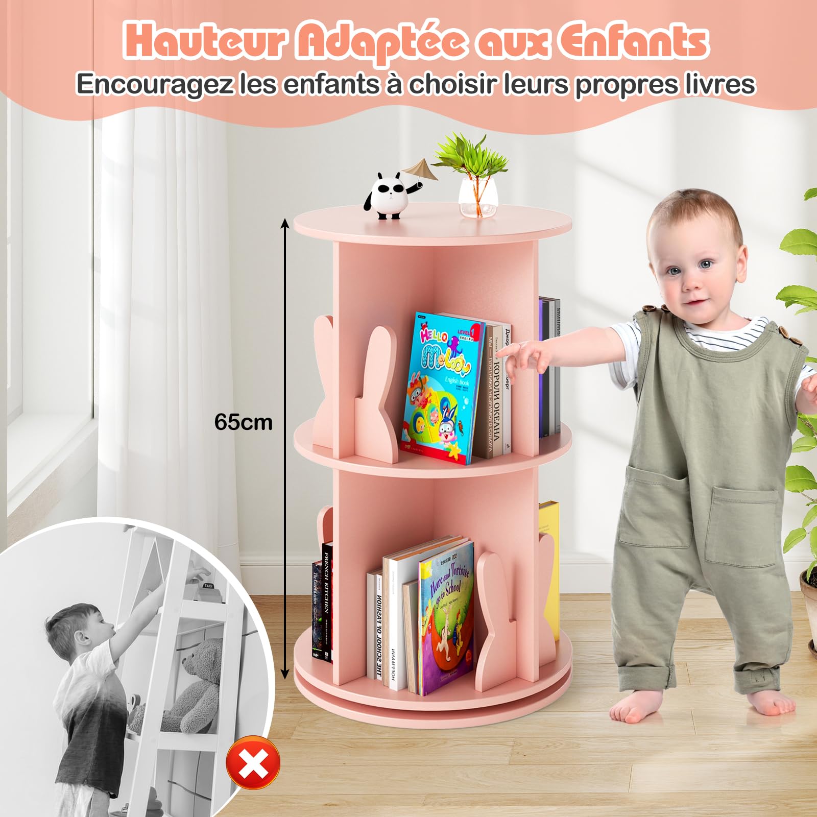 GOPLUS Bibliothèque Enfant, 65CM Bibliothèque à 2 Niveaux avec Serre-Livres Lapin/Ourson, 8 Compartiments, Étagère à Livres Pivotante à 360°, pour Chambre d'enfant, Salle de Jeux (Rose)