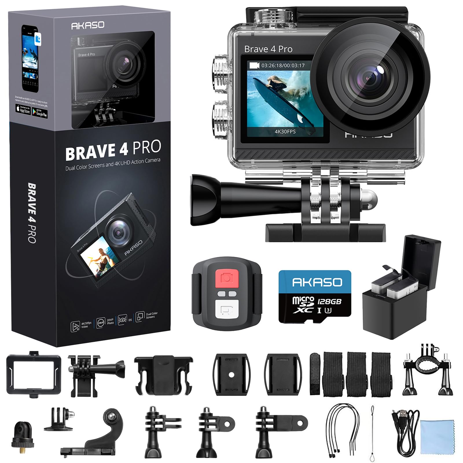 AKASO Brave 4 Pro 4K30 Action Camera with 128GB MicroSD U3 Card, 131FT Underwater Waterproof Camera EIS Touch Screen Remote Control with 2x1350mAh Batteries and Helmet Accessories Kit Bundle