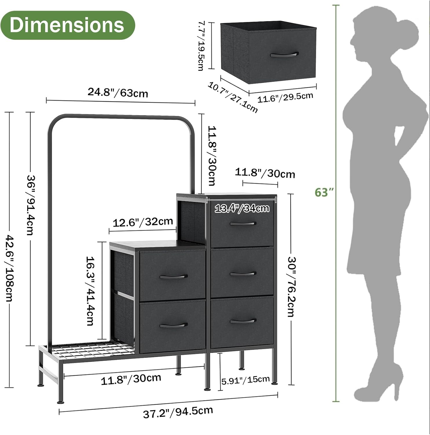 COTUBLR Dresser for Bedroom with Hanging Rack, 5 Drawers Dresser with Clothes Rack, Fabric Dressers & Chest of Drawers with PU Finish Storage Organizer, for Living Room Closet, Black