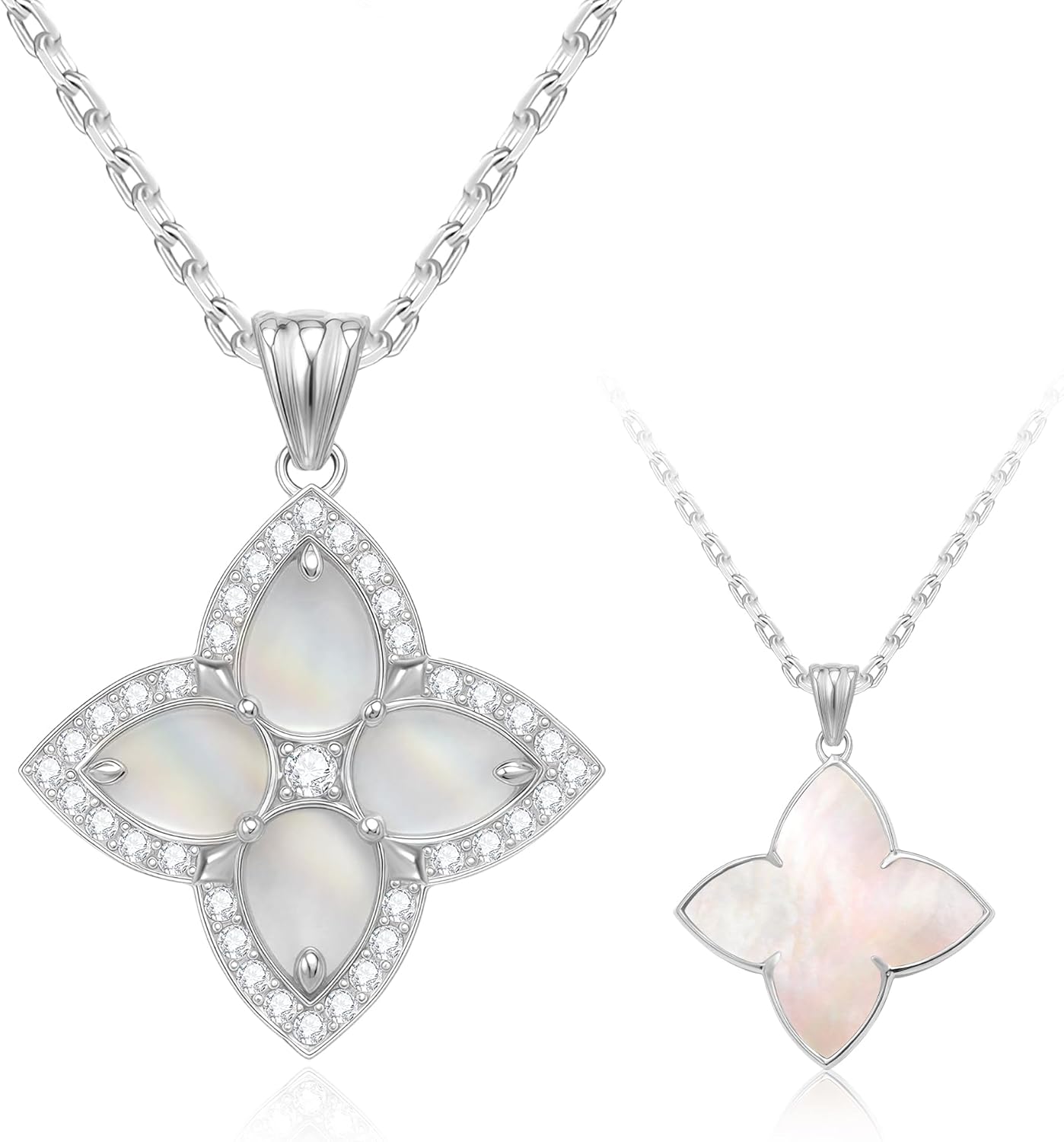 S925 Women's Sterling Silver Pendant Necklace - Classic Mother Pearl Four-Leaf Flower Necklace with Cubic Zircon, Hypoallergenic Fine Jewelry Gift