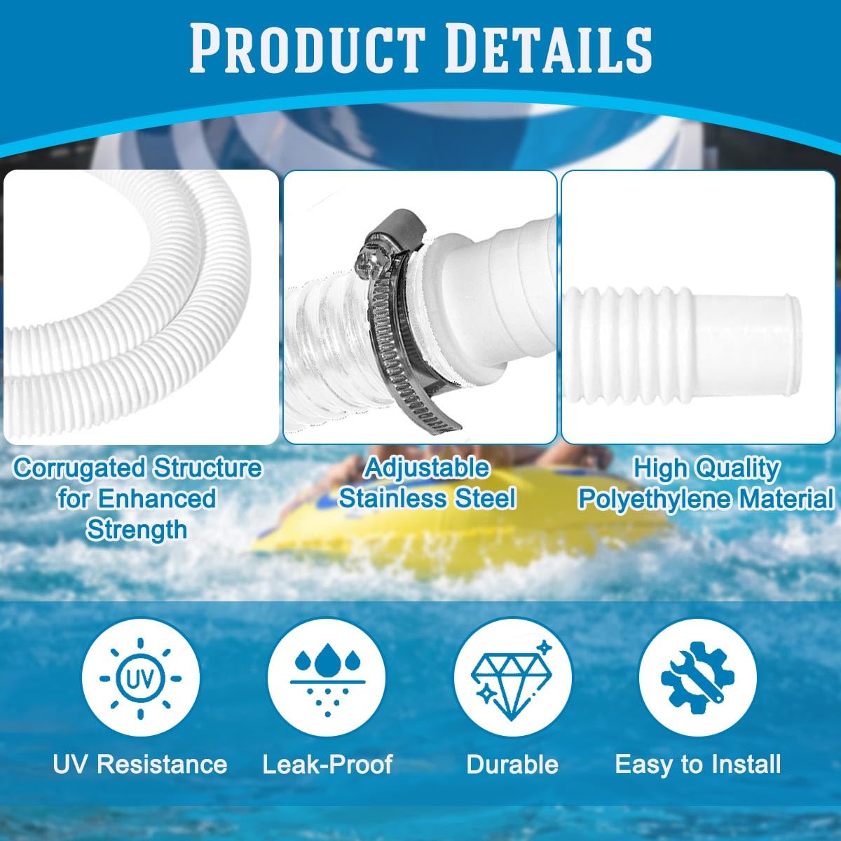 Tuyau Piscine 32mm Lot 2x150cm - Avec Clips Et Raccord - Pour Pompe Filtration, Spa, Aquarium - Polyéthylène Résistant