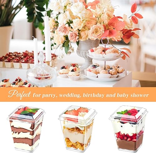 Miniatura 4 de Kucoele Paquete de 100 tazas de postre de plástico de 5 onzas con tapas y cucharas, tazas de parfait transparentes, tazas de pudín, mini tazas de