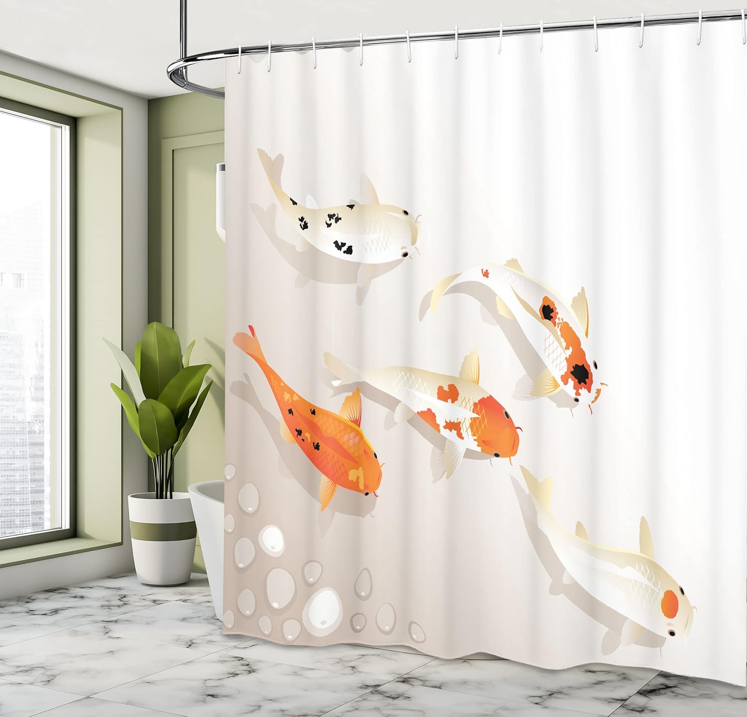 Ambesonne Animal Shower Curtain, Traditional Koi Carps Spots Oriental Items Representing Love Nautical Theme, Cloth Fabric Bathroom Decor Set with Hooks, 69" W x 75" L, Orange Beige