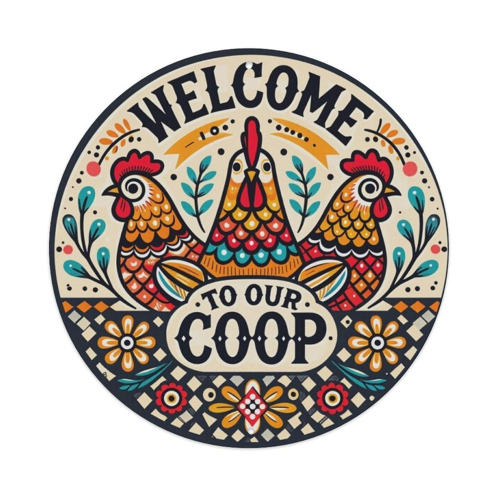 Folk Floral Chicken Coop Welcome Round Decor Sign Vintage Aluminium Metal Sign, Retro Wall Decor for Home, Bar, Garage & Farmhouse 20x20cm