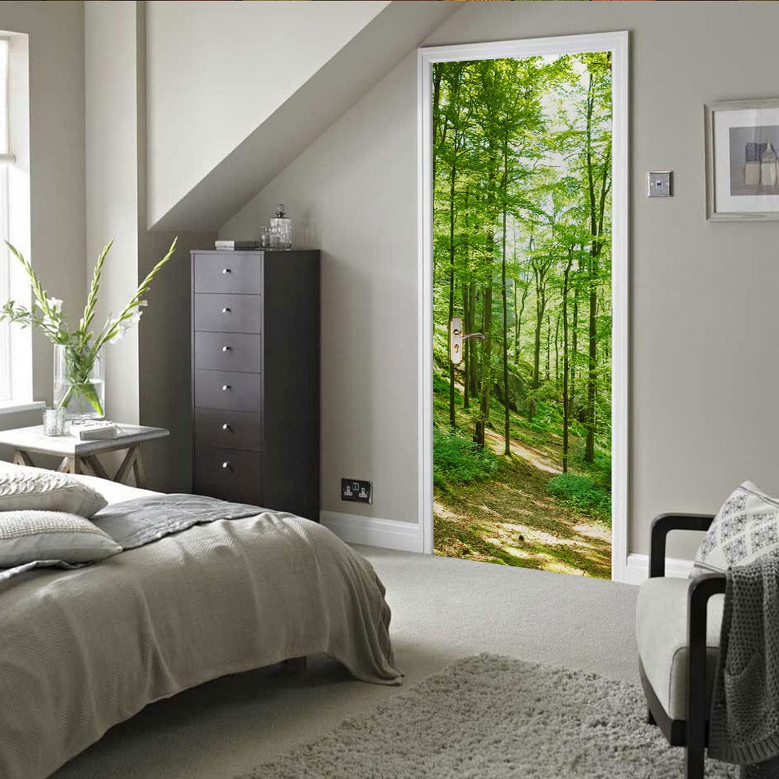 A.Monamour Adesivo Porta Autoadesiva Alberi Verdi Natura Foresta Paesaggio Vinile PVC Adesivi per Porte Interne 3D Pellicola Adesiva Poster Sticker Murale Decorazione da Parete Carta da Parati