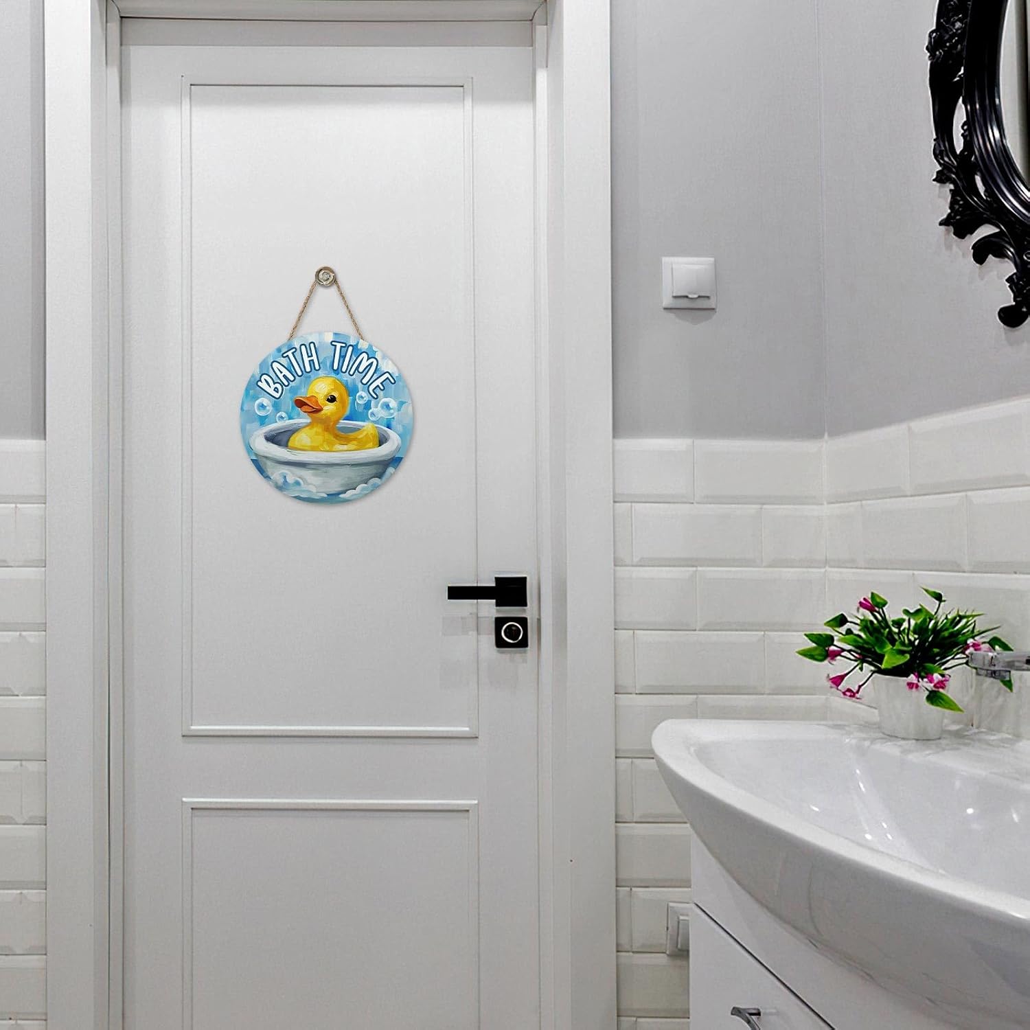 Funny Rubber Duck Bathroom Front Door Sign, Bath Time Hot Tub Wood Plaque Hanger Kids Shower Room Toilet Home Decor, Washroom Restroom Wooden Wreath Indoor Wall Hanging Decoration