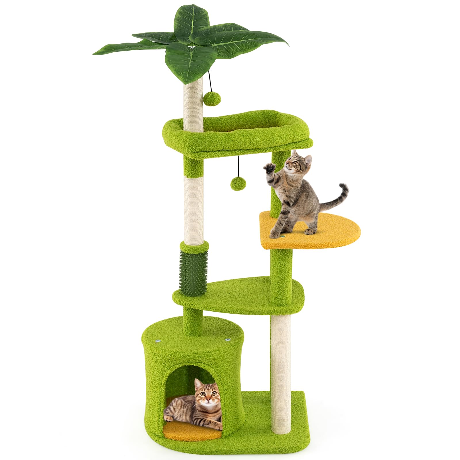 COSTWAY Cat Tree, Multi-Level Cat Climbing Tower with Condo, Self Groomer, Scratching Posts & Dangling Ball, Palm Design Kitten Activity Center for Indoor Cats (122cm Tall)