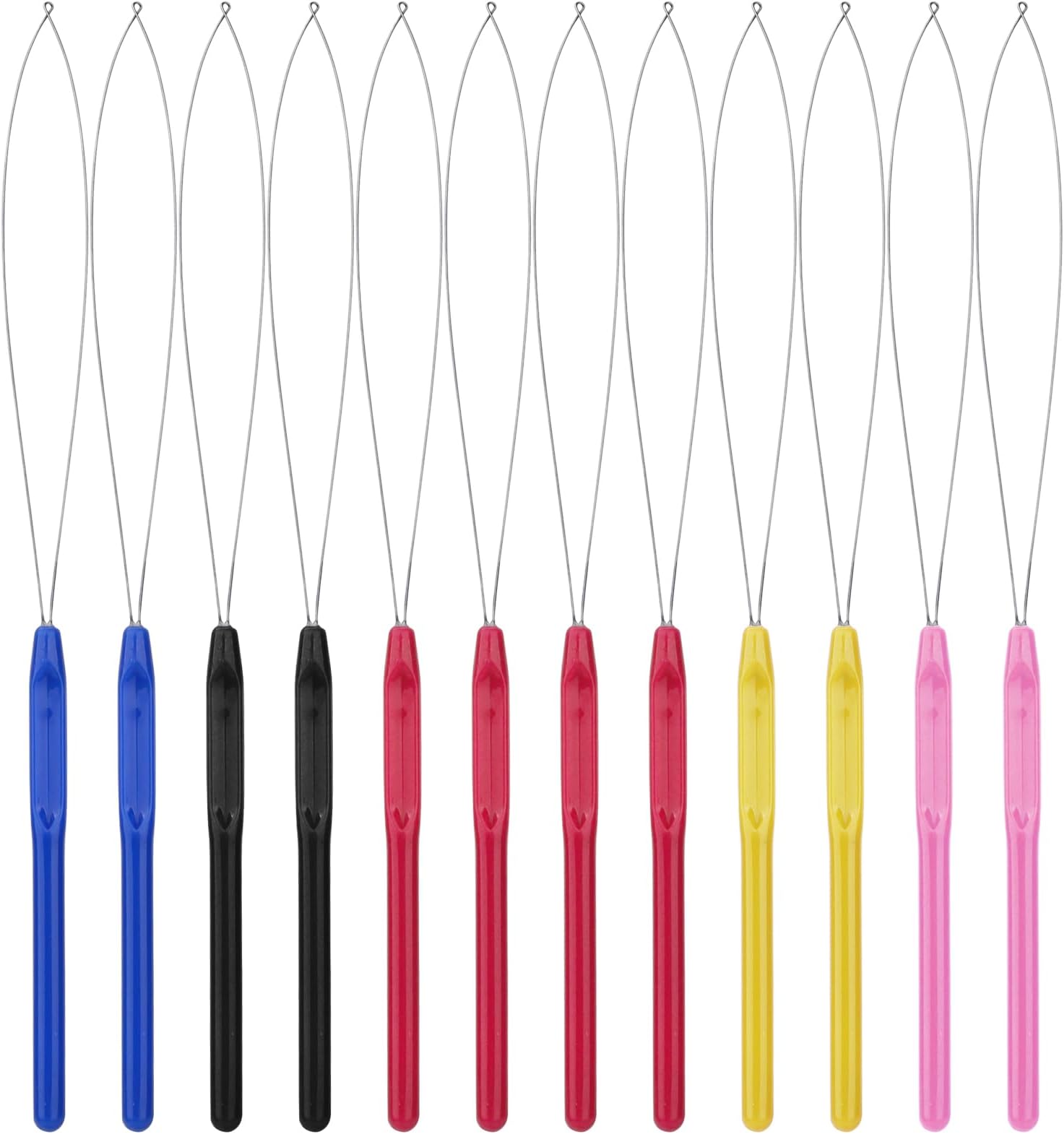 12PCS Multicolored Plastic Hair Extension Loop, Hair Extension Loop, Needle Threader Pulling Hook Tool for Micro Links Hair Feather Extensions Kit Hair Styling Tools Accessory Multicolor