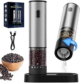 Conjunto de moedor elétrico de sal e pimenta, recarregável por USB com base de carregamento e luz LED, grossura ajustável, moedores de temperos automáticos com uma mão para cozinha, jantar