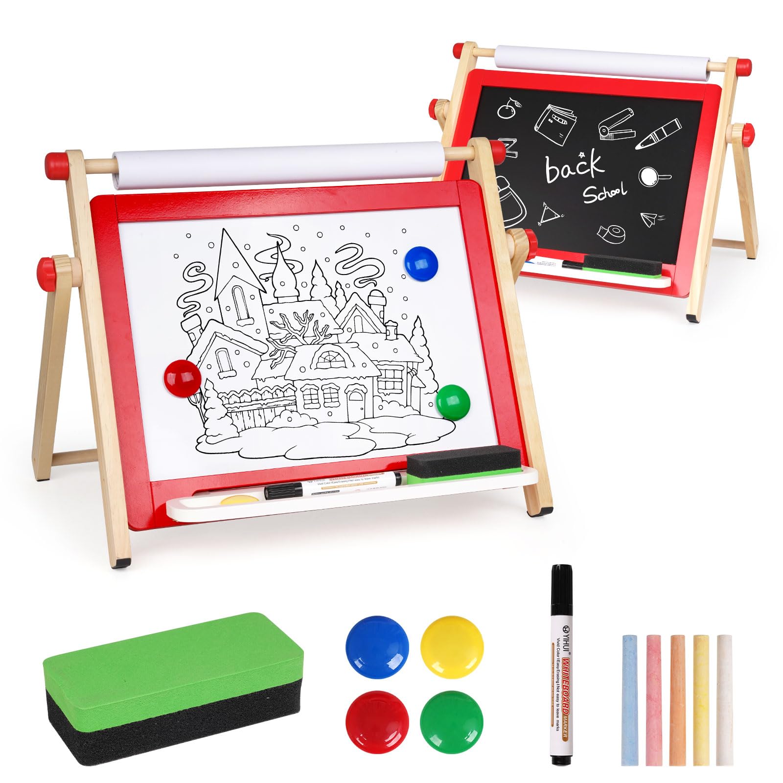 Kids Art Easel, Tabletop Easel for Kids,Wooden Double Sided Kids Easel with Magnetic Whiteboard,Chalkboard and Paper Roll,Great for Girls Boys Ages 3 4 5 Gift