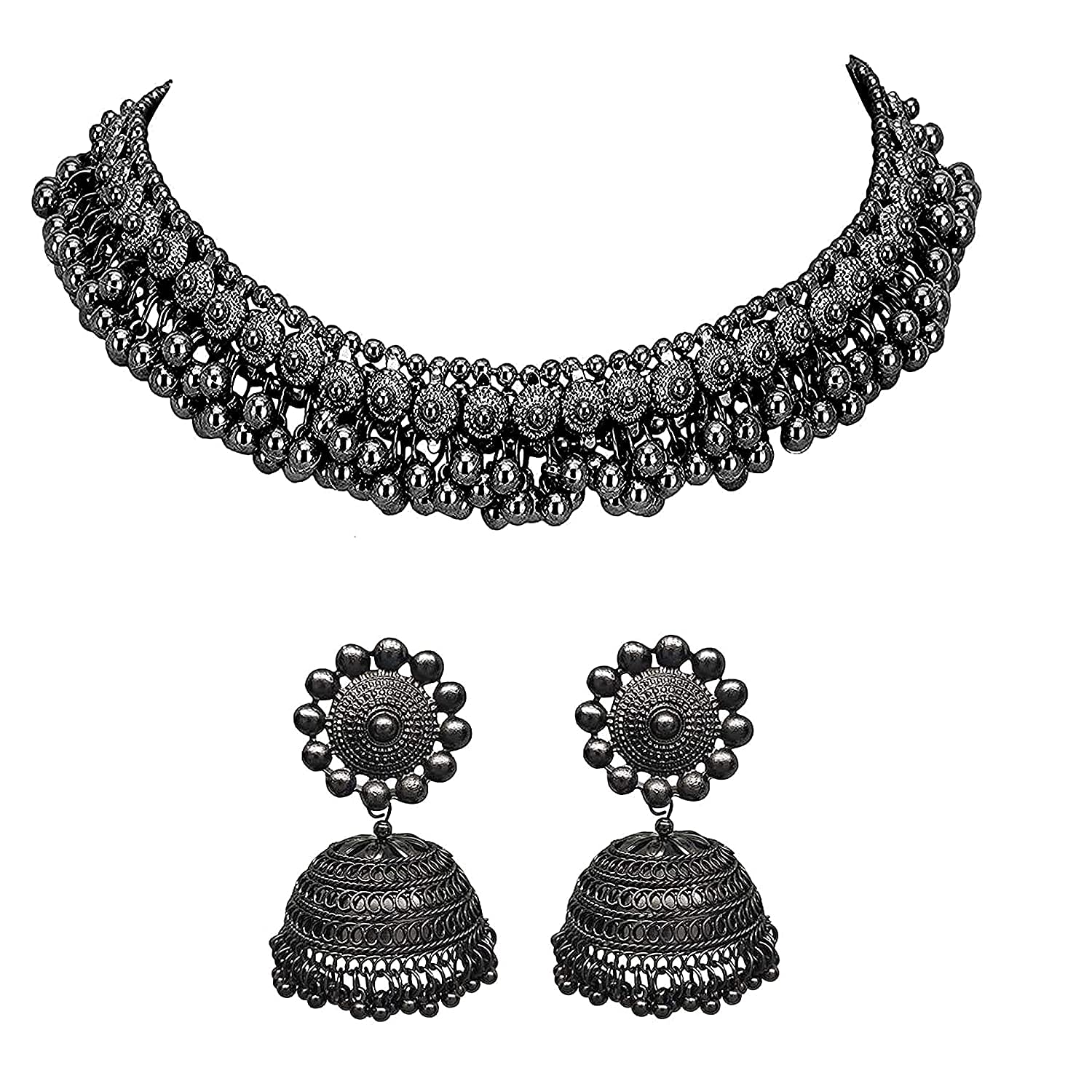 CosMos Jewellery Oxidised Silver Latest Desigen Black Choker Necklace with jhumka Set for Women & Girls (B09ND71VG5) Amazon Price History, Amazon Price Tracker