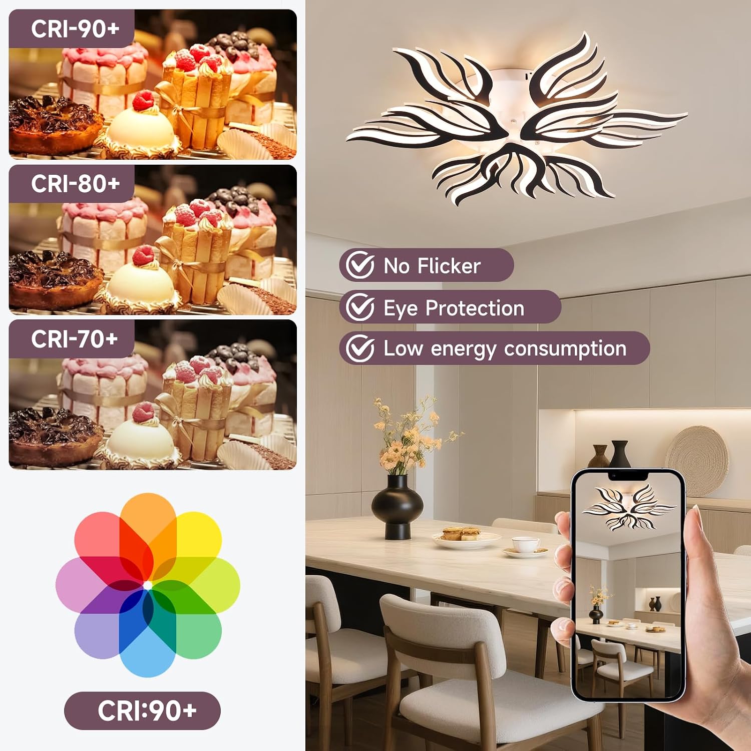 9-Petals Modren LED Ceiling Lights, 75W Dimmable Flower Shape Ceiling Lamp with Remote Control, 33.4" Flush Mount Ceiling Lighting Fixtures for Living Room Dining Room Bedroom Office, Black