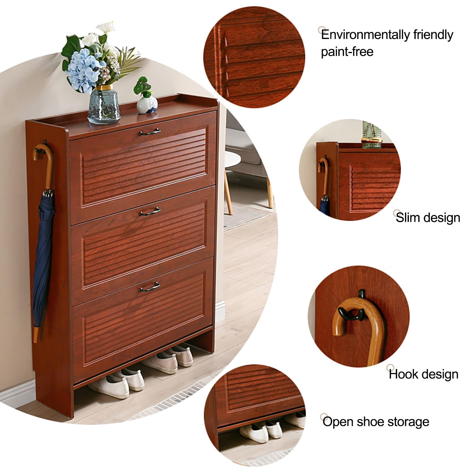 Mueble Zapatero Madera con Ganchos & Puertas Recibidores De Entrada Zapatero Estrecho Ahorra Espacio Diseño Minimalista para Almacenamiento De Zapatos (90 cm)