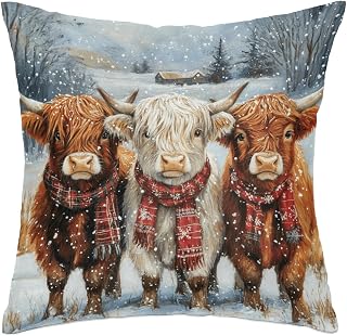 Gumuslen Winter Highland Cows Throw Pillow Covers Snow Xmas Pillow Cases Square Cushion Cover for Sofa Couch Bedroom Living Room 18x18 Inch